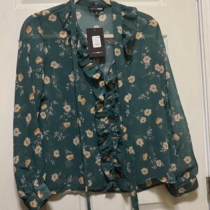 Fashion Nova Teal Green Floral Ruffle Tie-Neck Blouse